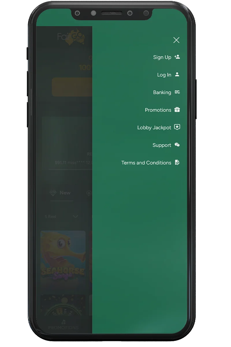 Screenshot of an online casino on a mobile phone